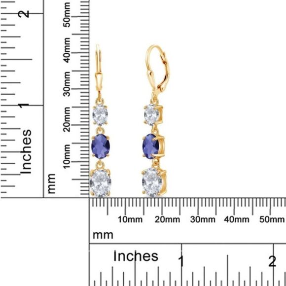 18K Yellow Gold with 5.50  Cttw 3 Stone White Topaz and Blue Iolite Earrings - Picture 5 of 5
